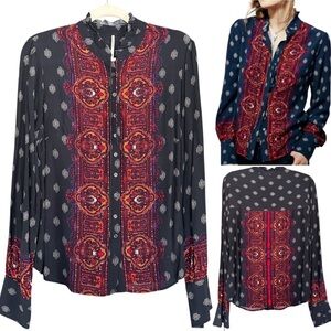 Free People Wishing Well Border Print Button Down Top Size Medium Blouse